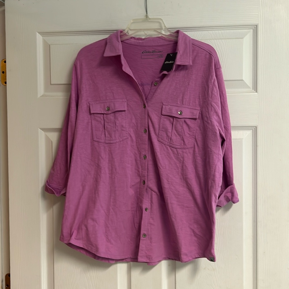 New with tags Eddie Bauer pink/purple women’s button up shirt